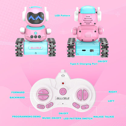 ALLCELE Girls Robot Toy, Rechargeable RC Robot for Kids, Remote Control Toy with Music and LED Eyes, Gift for Children Age 3 Years and Up - Pink