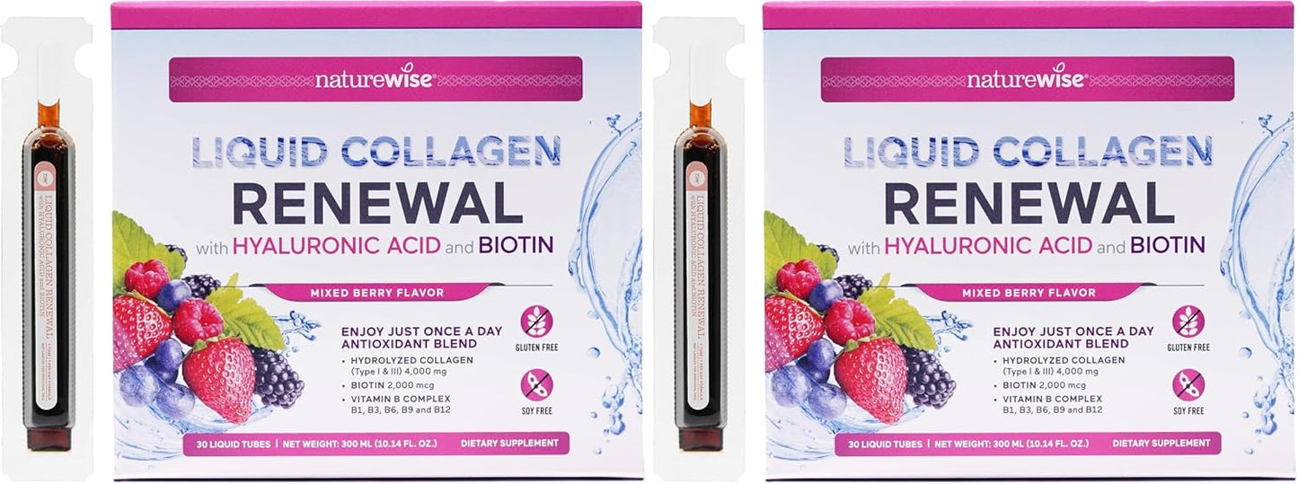 NatureWise Hydrolyzed Liquid Collagen for Women & Men 4000mg - High Absorption, Type 1 & 3 Peptides with Biotin + Vitamin C + Vitamin B Complex & Hyaluronic Acid -Mixed Berry - 10 Tubes[10 Day Supply]