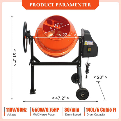 5 Cubic Ft Concrete Cement Mixer with Wheel and Stand,Electric ConcreteMixer 0.75 HP 550W Adjustable Tilt, Portable Heavy Concrete Mud Mixer Toolsfor Mortar Stucco Seeds and Fodder