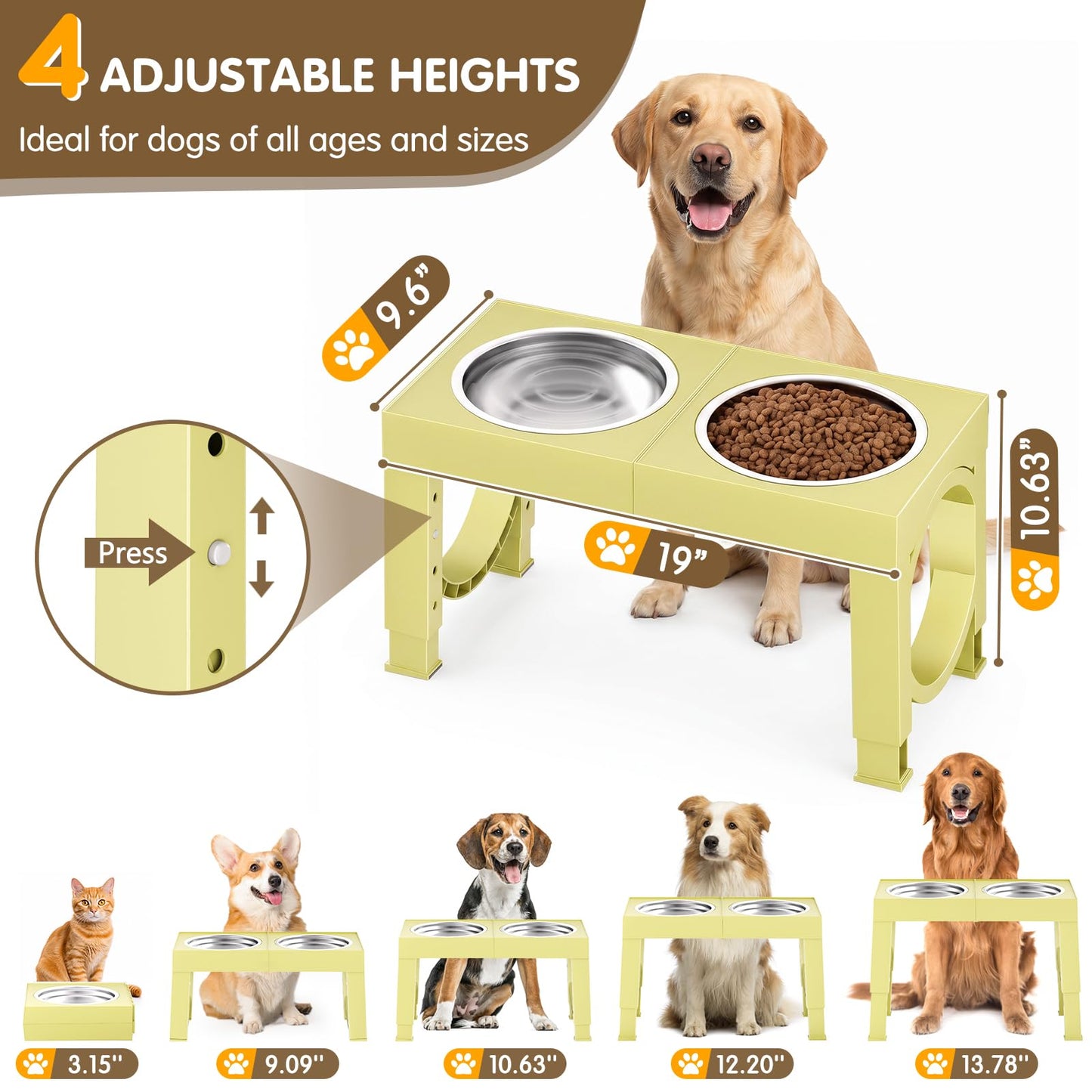 XIAZ Elevated Dog Bowls Large Breed Raised Dogs Bowl Stand Large/Medium Sized Dog Stainless Steel Food Water Bowl Stands 5 Heights Adjustable 9/11/12/14in Black Pet Feeder Dish Station