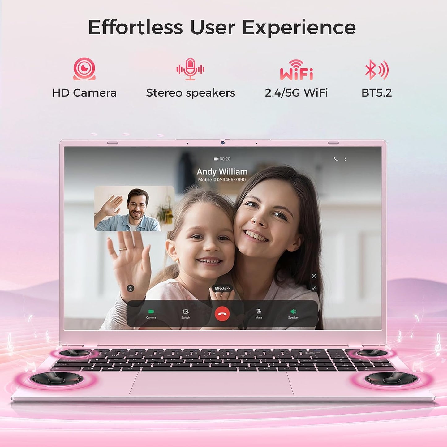 15.6" Pink Laptop, Laptop with 16GB RAM 256GB SSD, Gold 6500Y(Beat Pentium, Up to 3.4GHz), 1080P FHD IPS Display, Bluetooth, WIFI, HDMI, USB-C, USB3.2, 38WH Battery, Laptop Computer for Students