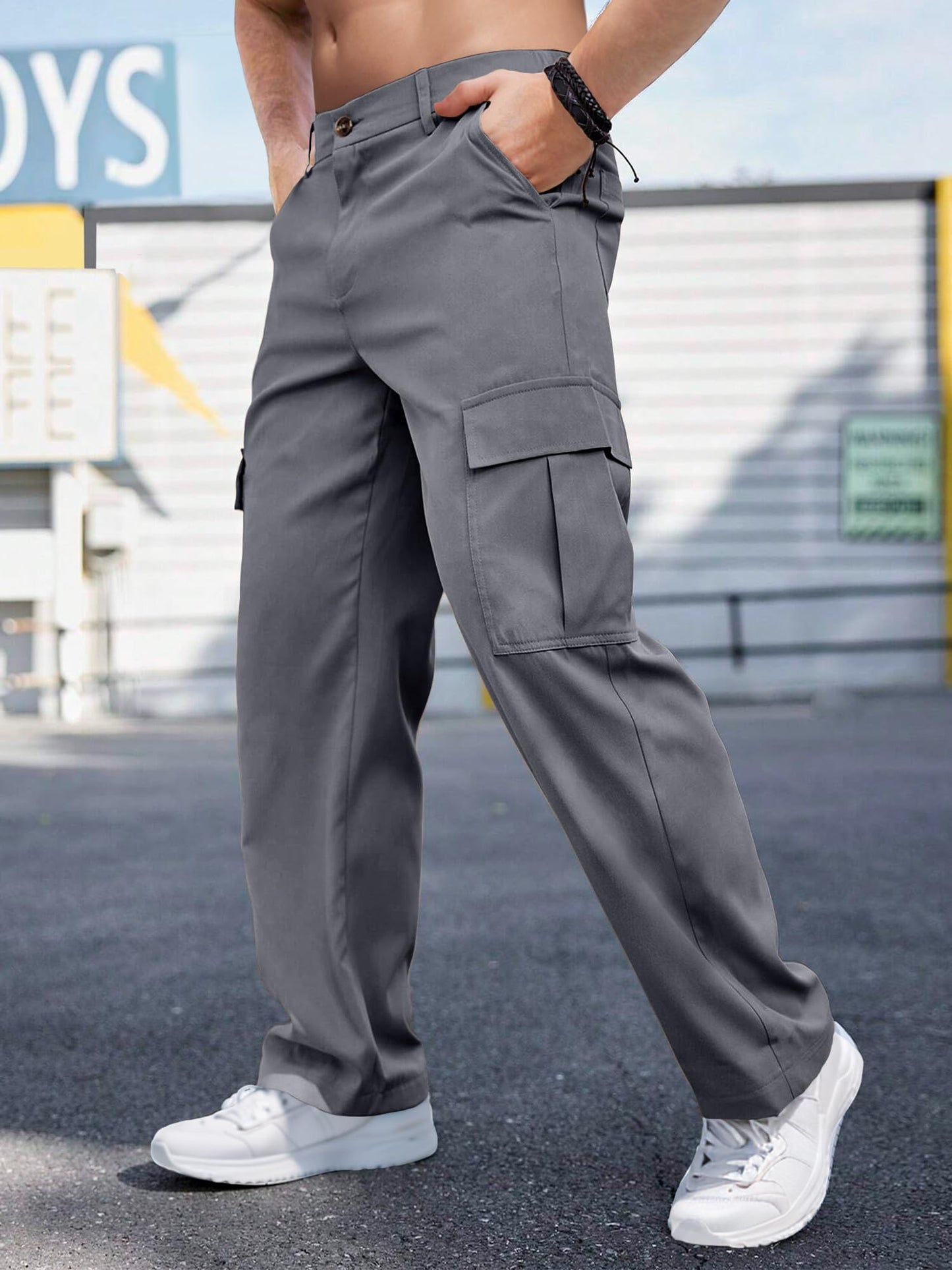 Comdecevis Mens Casual Cargo Pants Baggy Straight Leg Sweatpants with Large Flap Pockets Hiking Sports Trousers