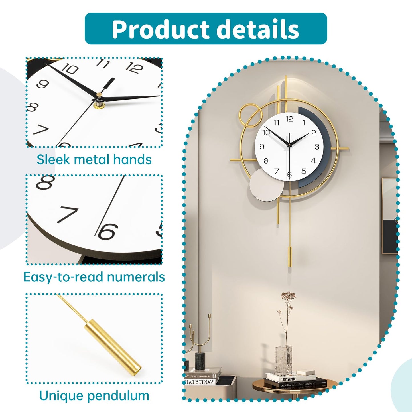 Wall Clock Decorative Large Modern Wall Clock Silent Non-Ticking Battery Operated Gold Unique Pendulum Clock for Living Room,Bedroom,Office,Kitchen,Bathroom,Wall Decor 13.8x21.9in