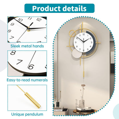 Wall Clock Decorative Large Modern Wall Clock Silent Non-Ticking Battery Operated Gold Unique Pendulum Clock for Living Room,Bedroom,Office,Kitchen,Bathroom,Wall Decor 13.8x21.9in