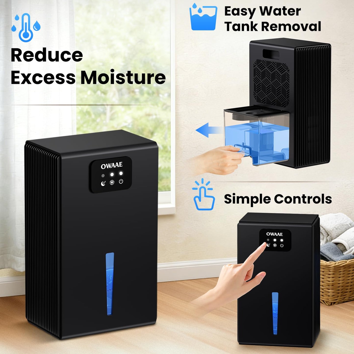Dehumidifier, 1000 sq.ft Quiet Dehumidifiers for Home Bedroom Basement Bathroom with 95oz Water Tank, Sleep Mode Auto Shut-Off 7 Colors LED Light, Black
