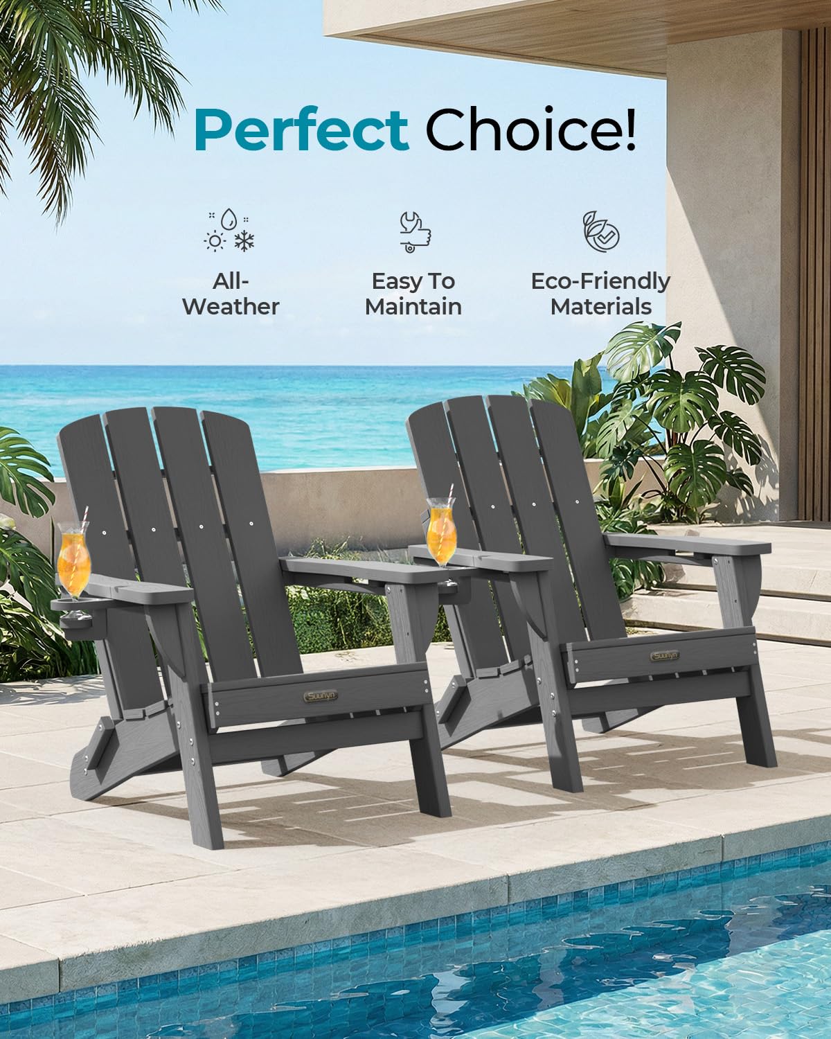 Folding Adirondack Chair, HDPE Adirondack Chairs with 2 Cup Holder, Plastic All-Weather Fire Pit Chairs, Outdoor Lawn Chair for Patio Garden (Grey)