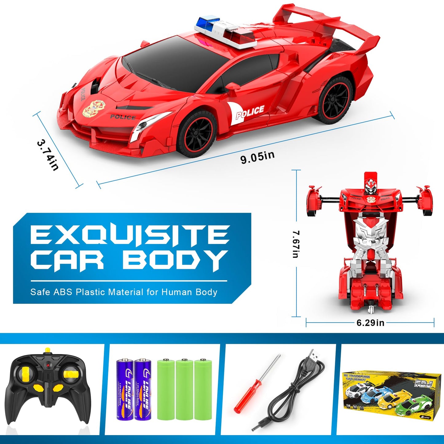 FDJ Remote Control Car - Transform Toys Car Robot, One Button Deformation to Robot with Flashing Light, 2.4Ghz 1:18 Scale Transforming Police Car Kids Toys with 360 Degree Rotating, Girls Boys Toys