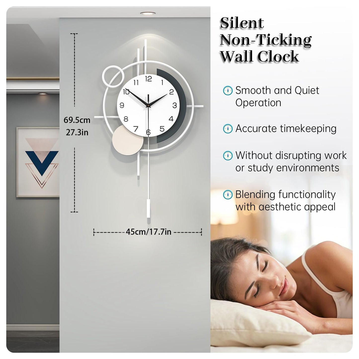 Wall Clock Decorative Large Modern Wall Clock Silent Non-Ticking Battery Operated Gold Unique Pendulum Clock for Living Room,Bedroom,Office,Kitchen,Bathroom,Wall Decor 13.8x21.9in