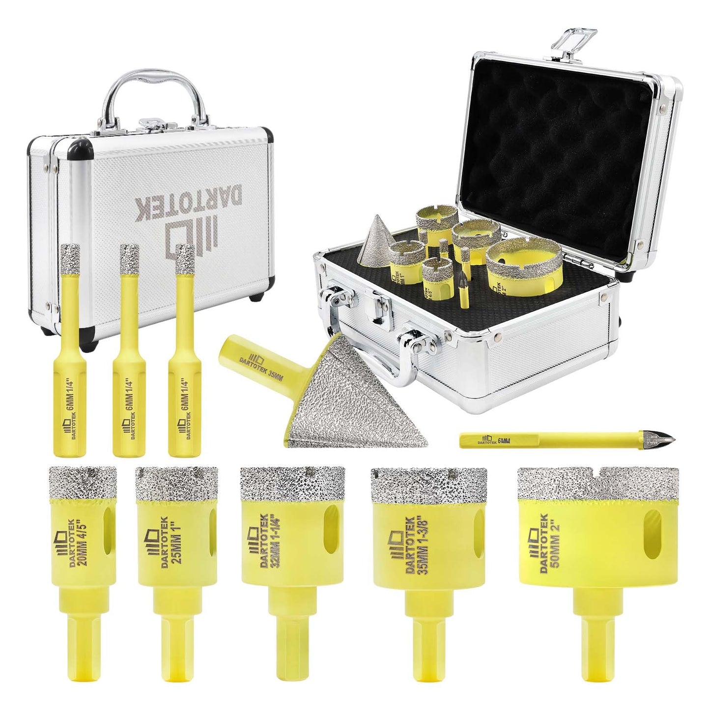 Diamond Core Drill Bits Set for Tile, DARTOTEK 10PCS Porcelain Hole Saw Kit with Aluminum Case, (6/6/8/20/35/50/65mm+2" Chamfer bit +SDS Adapter, Dry/Wet Drilling for Ceramic, Granite & Marble