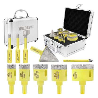 Diamond Core Drill Bits Set for Tile, DARTOTEK 10PCS Porcelain Hole Saw Kit with Aluminum Case, (6/6/8/20/35/50/65mm+2" Chamfer bit +SDS Adapter, Dry/Wet Drilling for Ceramic, Granite & Marble