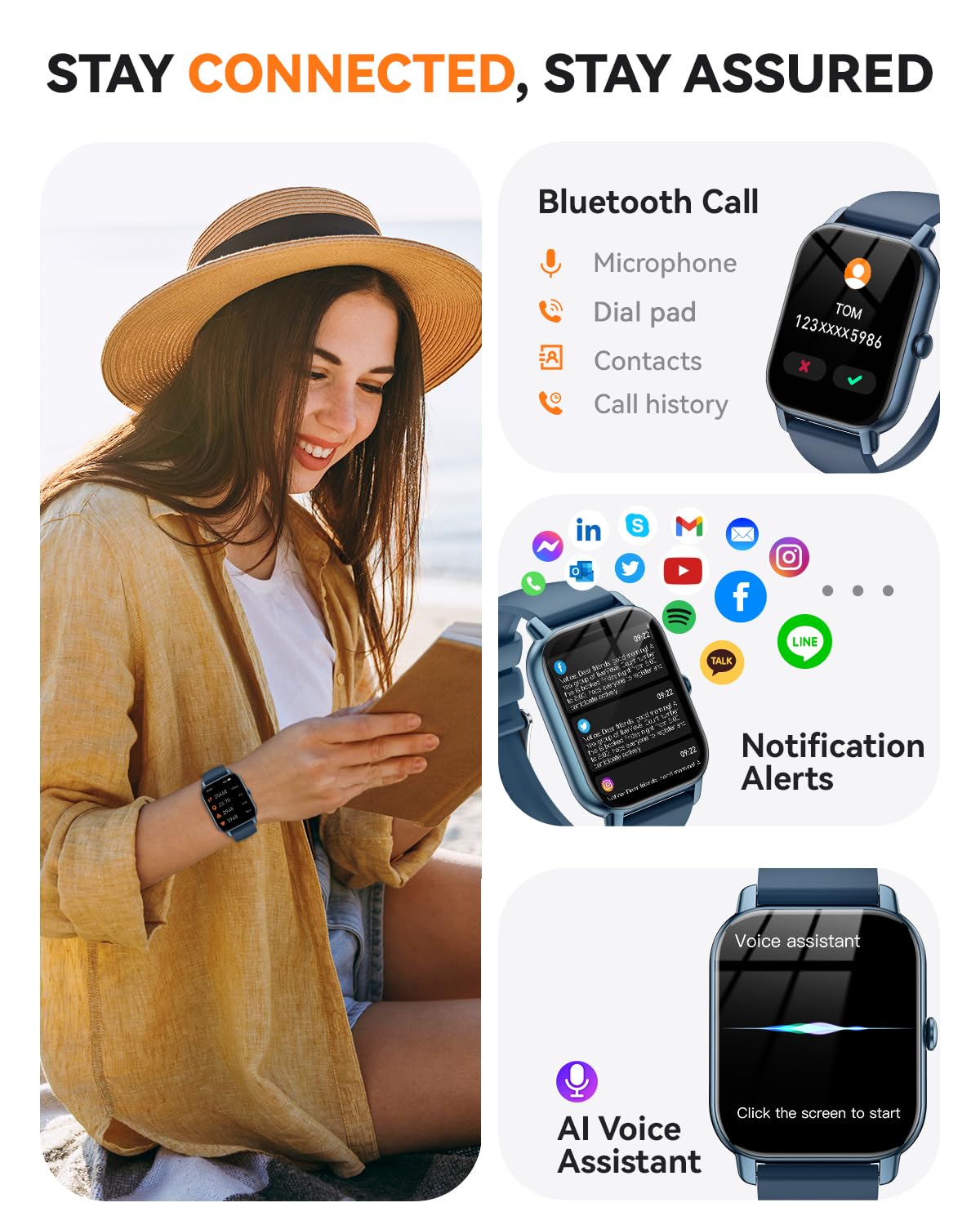 Smart Watches for Men Women, Fitness Tracker with Activity Counter/Sleep Monitor, IP68 Waterproof Smart Watch for Android iPhone iOS Compatible (Jet Black, 1.83)