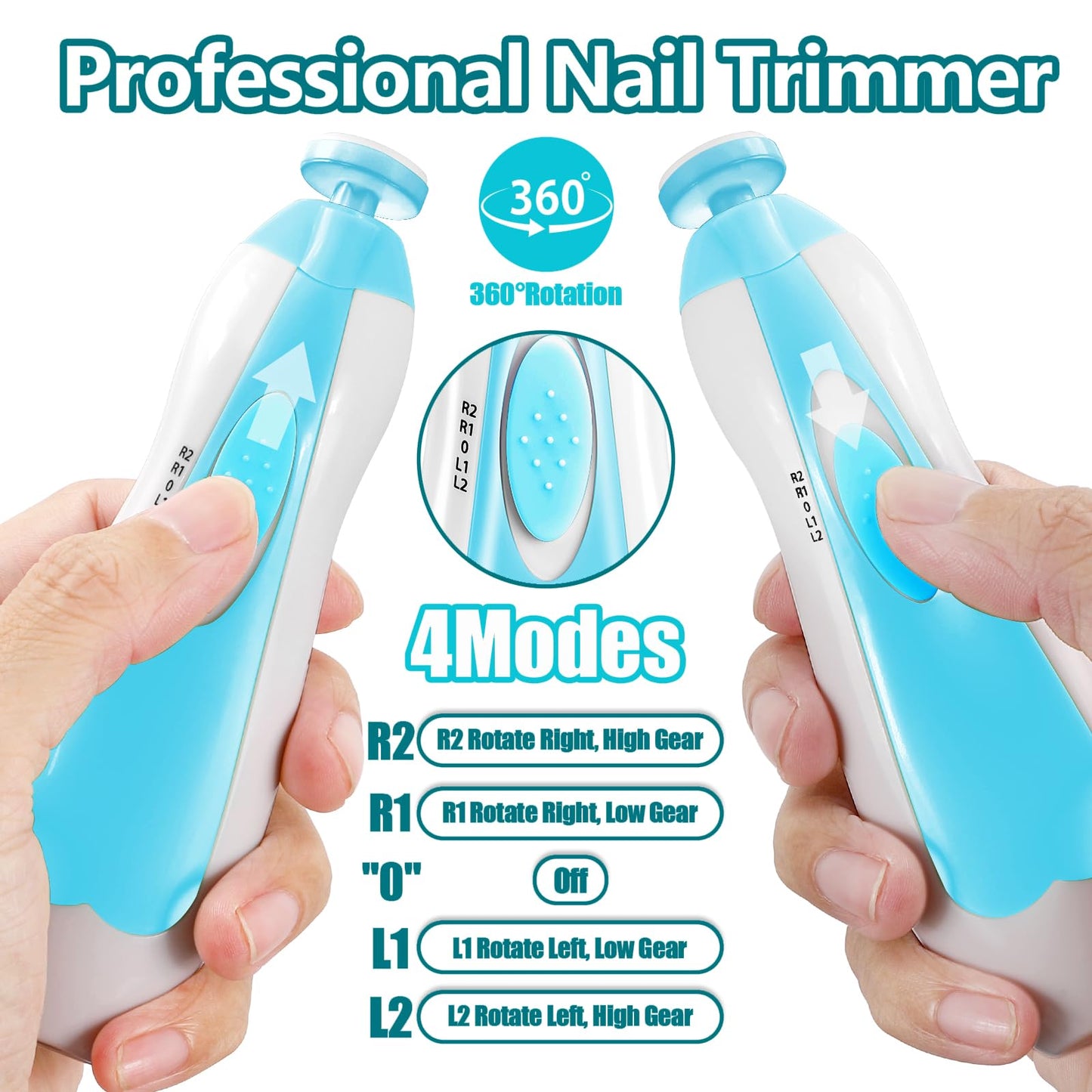Electric Nail File Drill for Baby No Sharp Claws Hurt, 6 in 1 Safety Cutter Trimmer Clipper for Toes and Fingers (Blue)
