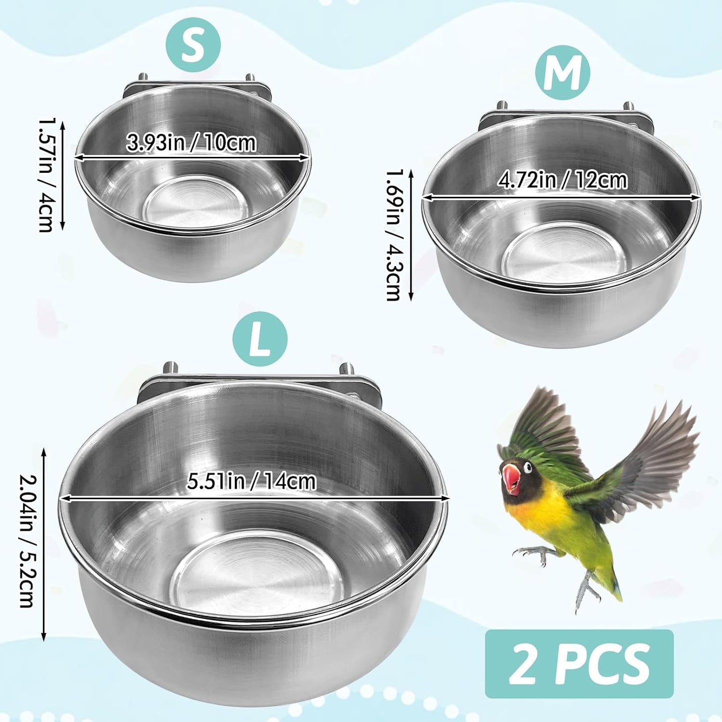 PINVNBY Parrot Feeding Cups Birds Food Dish Stainless Steel Parrot Feeders Water Cage Bowls with Clamp Holder for Cockatiel Conure Budgies Parakeet Parrot Macaw Small Animal Chinchilla Pack of 2