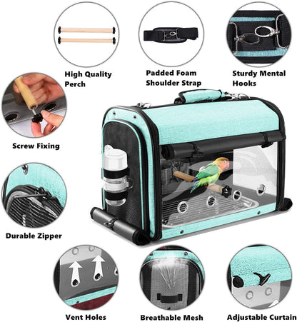 Bird Carrier Bag with Stand, Lightweight Backpack for Parrot, Portable Cockatiel Travel Cage with Accessories, Pet Transparent Breathable Carrier, Gray