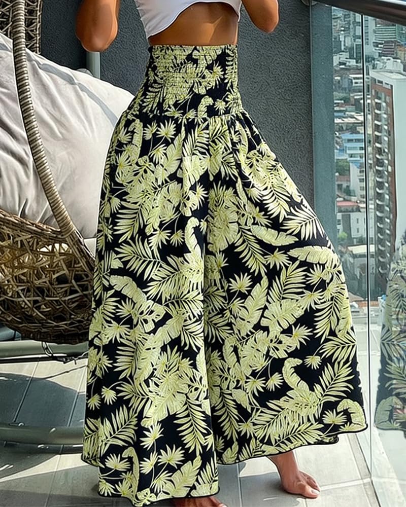 CHICME Boho Floral Shirred High Waisted Wide Leg Pants Flowy Palazzo Pants Summer Beach Vacation Wear