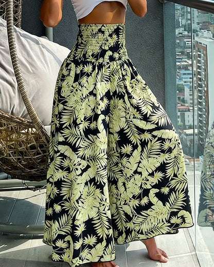 CHICME Boho Floral Shirred High Waisted Wide Leg Pants Flowy Palazzo Pants Summer Beach Vacation Wear