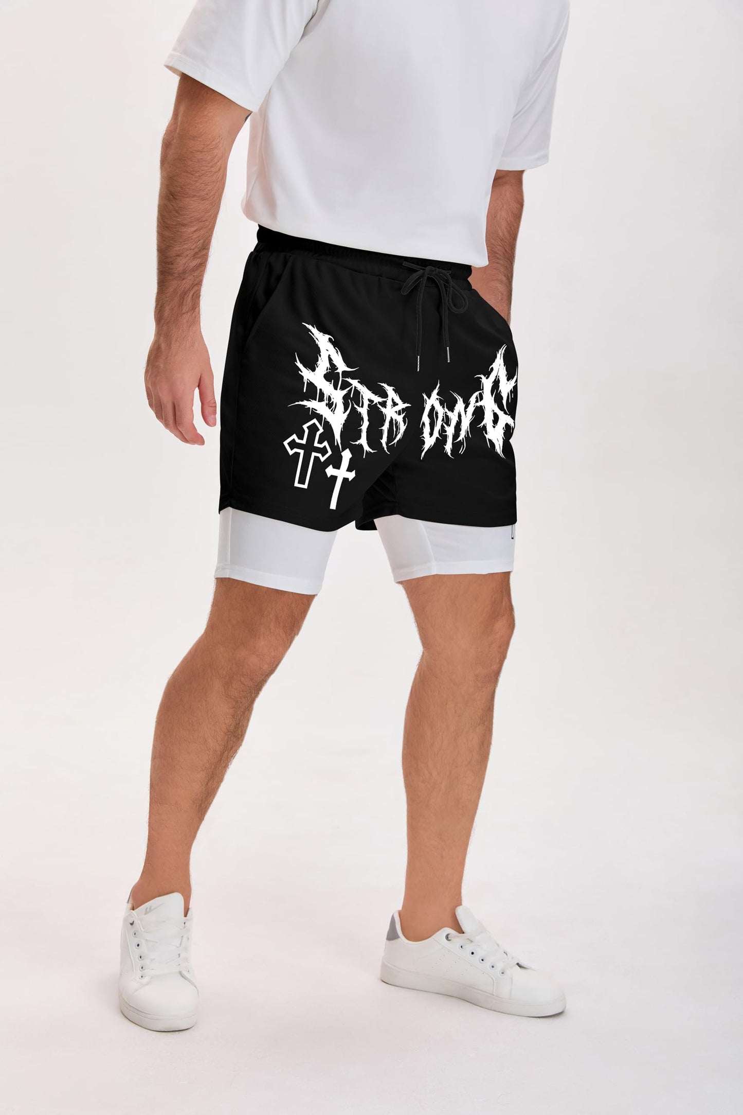 QJQ Men's 2 in 1 Goth Graphic Drawstring Elastic Waist Shorts Summer Casual Workout Athletic Gym Track Shorts