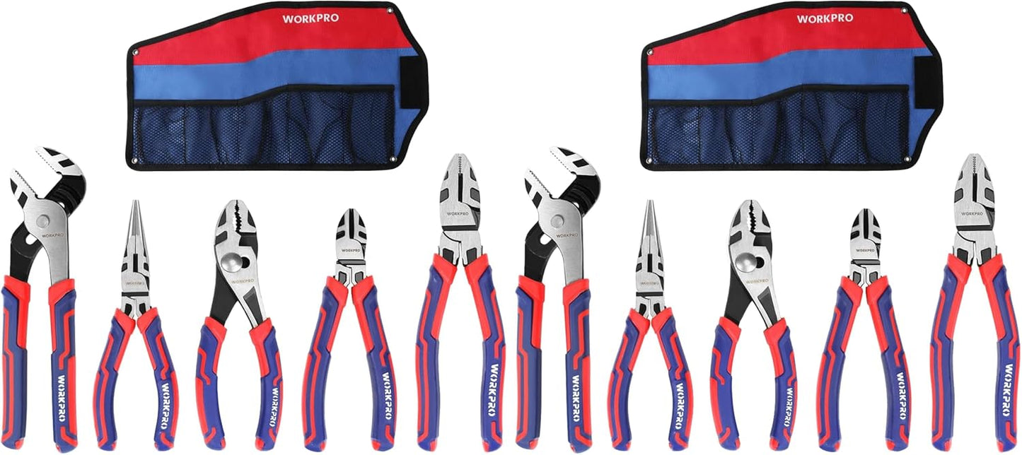 WORKPRO Pliers Set, Premium Cr-V Construction, Includes 6 Inch Slip Joint, Long Nose, Diagonal Cutting, 8 Inch Groove Joint, 7 Inch Linesman and Storage Pouch, for Basic Repair