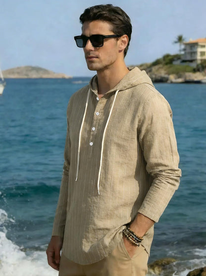 Mens Cotton Linen Hoodies Long Sleeve Button Down Shirts Casual Hawaiian Beach Yoga Sweatshirts