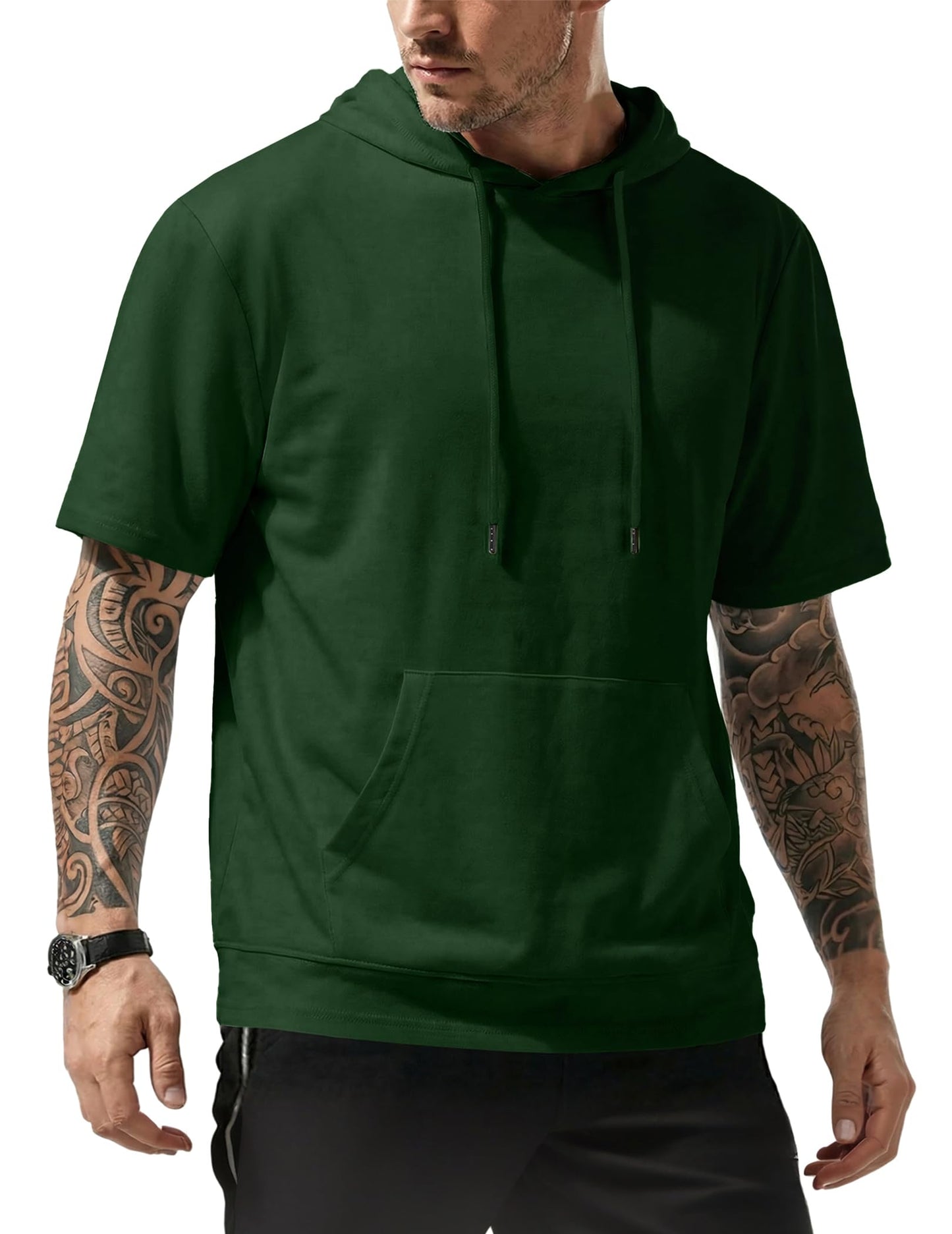 JMIERR Mens Short Sleeve Hoodie Cotton Hooded T-shirts Lightweight Solid Tops with Pocket