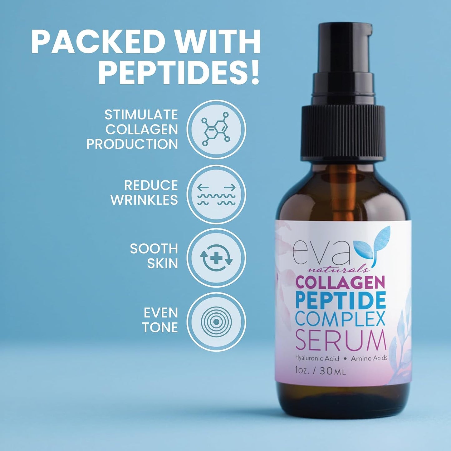 Collagen Serum for Face by Eva Naturals - Anti Aging Multi Peptide Face Serum with Hyaluronic Acid - Firming Hydrating Wrinkle Reducer Peptide Serum for Women & Men - Fragrance Free 2 oz