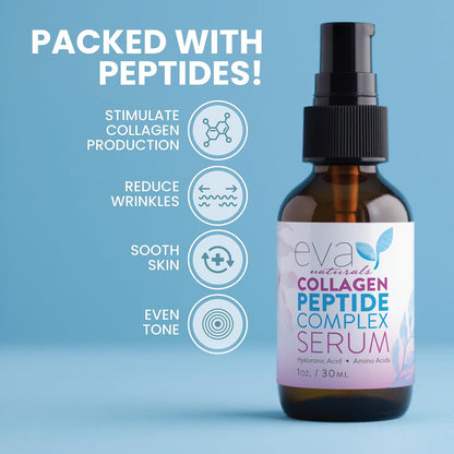 Collagen Serum for Face by Eva Naturals - Anti Aging Multi Peptide Face Serum with Hyaluronic Acid - Firming Hydrating Wrinkle Reducer Peptide Serum for Women & Men - Fragrance Free 2 oz