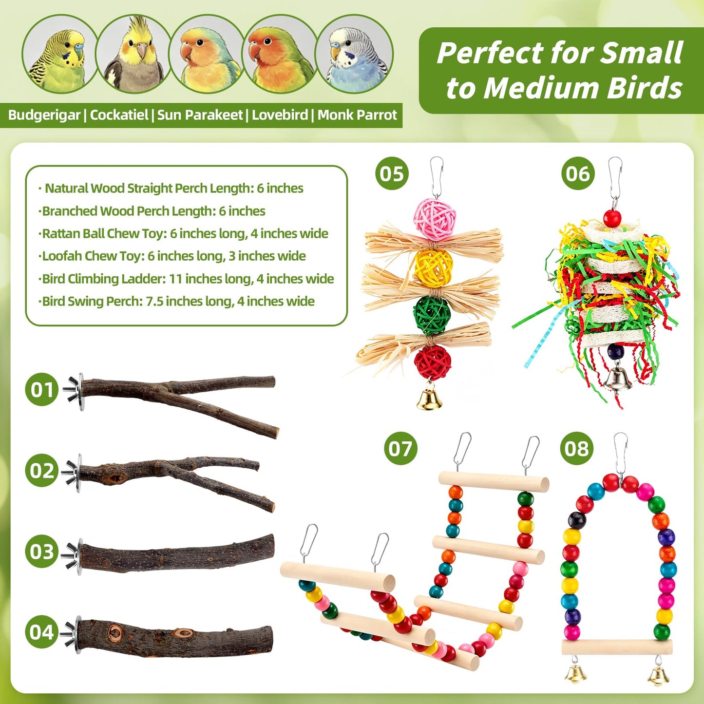 8 PCS Bird Perch Set for Cage - Natural Apple Wood Platforms & Hardwood Branches for Parakeets, Budgies, Cockatiels - Small Bird Habitat Gym, Climbing Stand & Safe Chew Toys