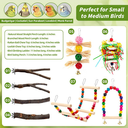 8 PCS Bird Perch Set for Cage - Natural Apple Wood Platforms & Hardwood Branches for Parakeets, Budgies, Cockatiels - Small Bird Habitat Gym, Climbing Stand & Safe Chew Toys