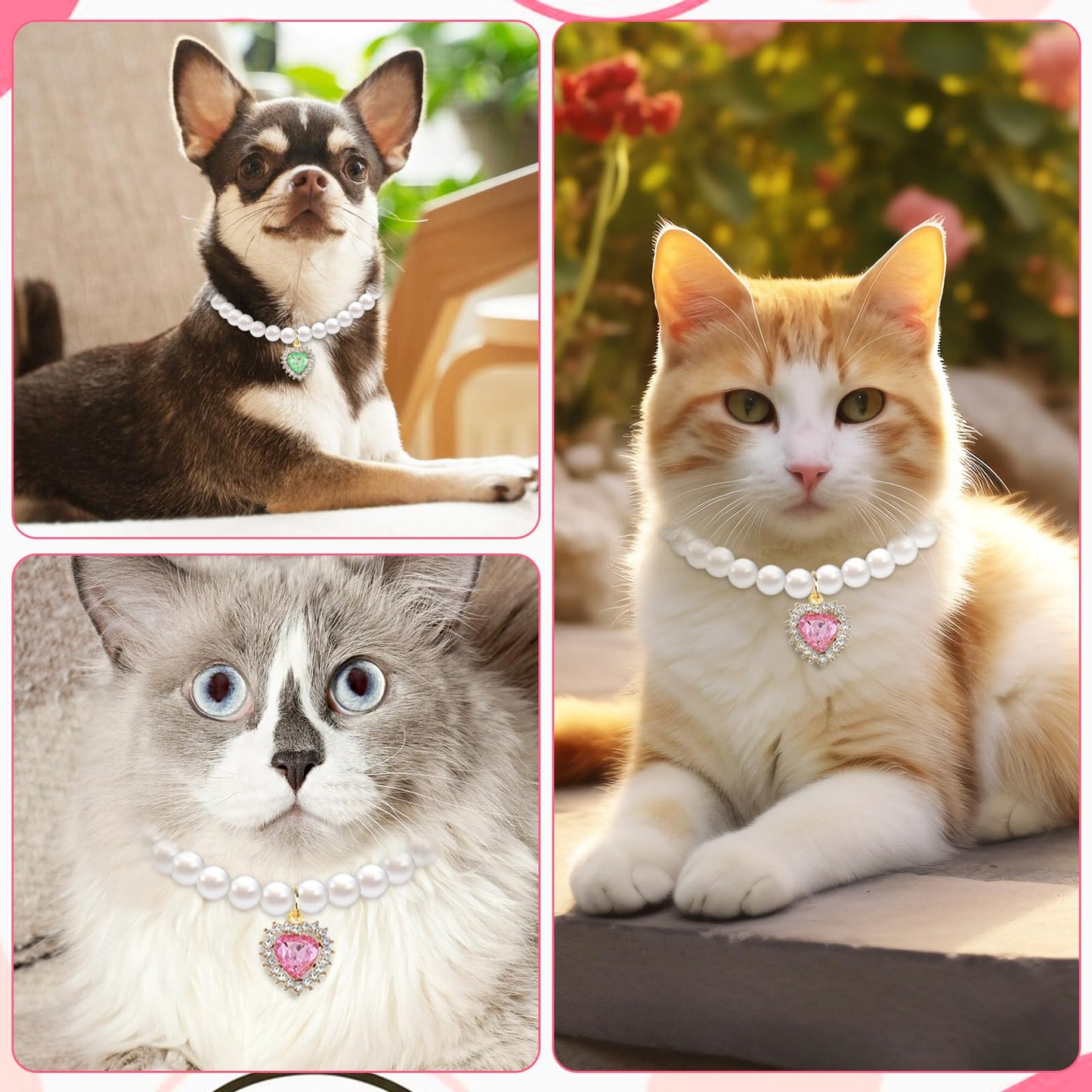 Tyqour 2pcs Cute Girl Cat Collar, Pearl Cat Dog Collar with Small Heart Shape Rhinestone for Small Dogs and Cats Adjustable Fancy Dog Pearl Necklace Collars, Pink Heart + White Heart