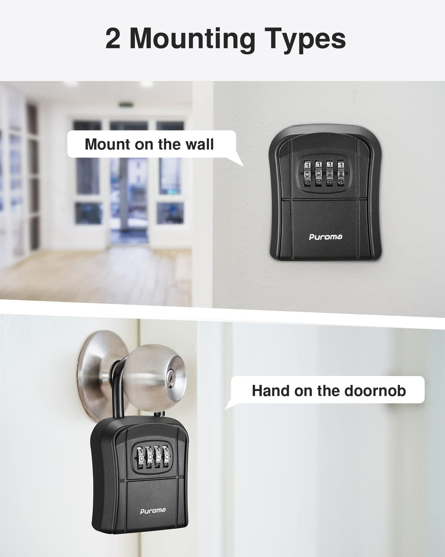 Puroma Key Lock Box, Portable Combination Lockbox Wall-Mounted Key Storage Box for House Keys, Resettable Code Safe Security Lock Box for Home, Office, Apartment Spare Key Storage (1 Pack, Gray)
