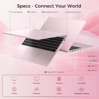 15.6" Pink Laptop, Laptop with 16GB RAM 256GB SSD, Gold 6500Y(Beat Pentium, Up to 3.4GHz), 1080P FHD IPS Display, Bluetooth, WIFI, HDMI, USB-C, USB3.2, 38WH Battery, Laptop Computer for Students