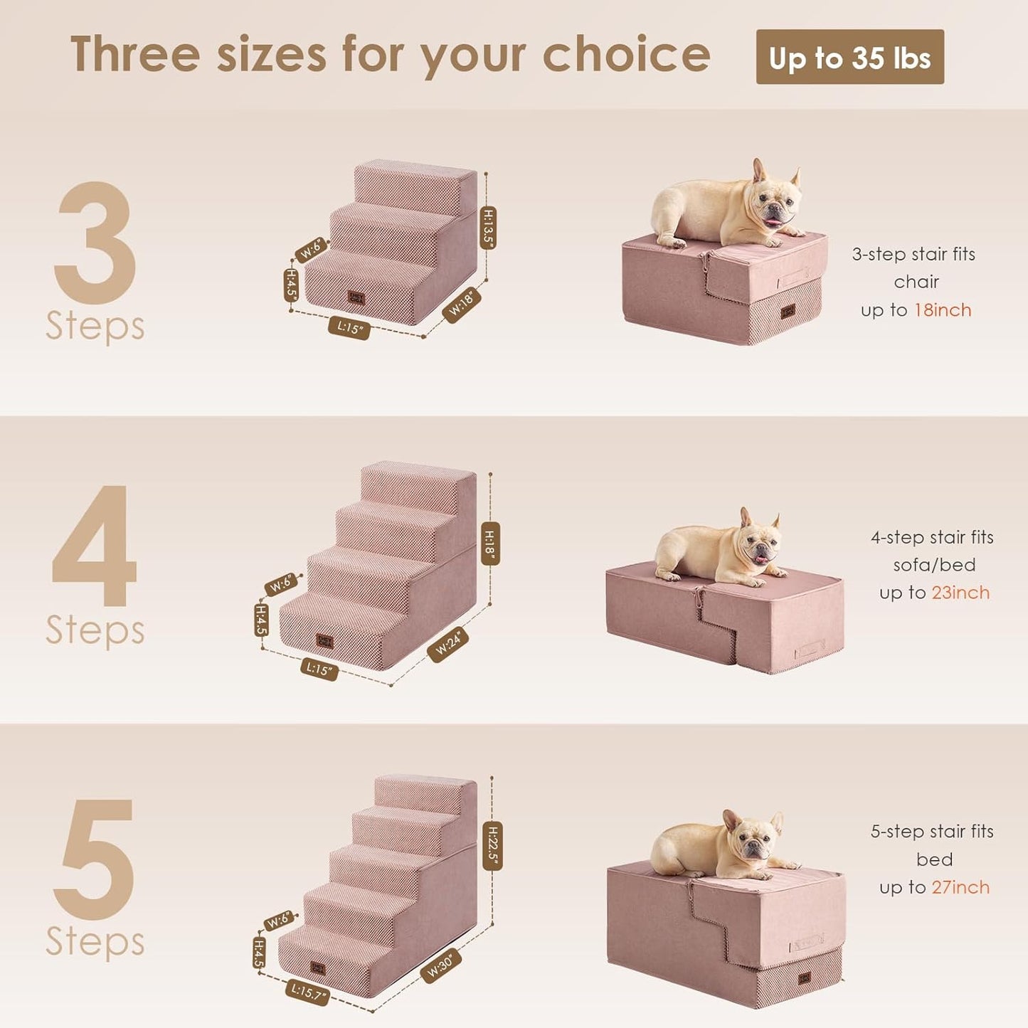 EHEYCIGA Dog Stairs for Small Dogs 13.5" H, 3-Step Dog Steps for Couch Sofa and Chair, Pet Steps for Medium Cats, Non-Slip Balanced Pet Ramp Indoor, Grey
