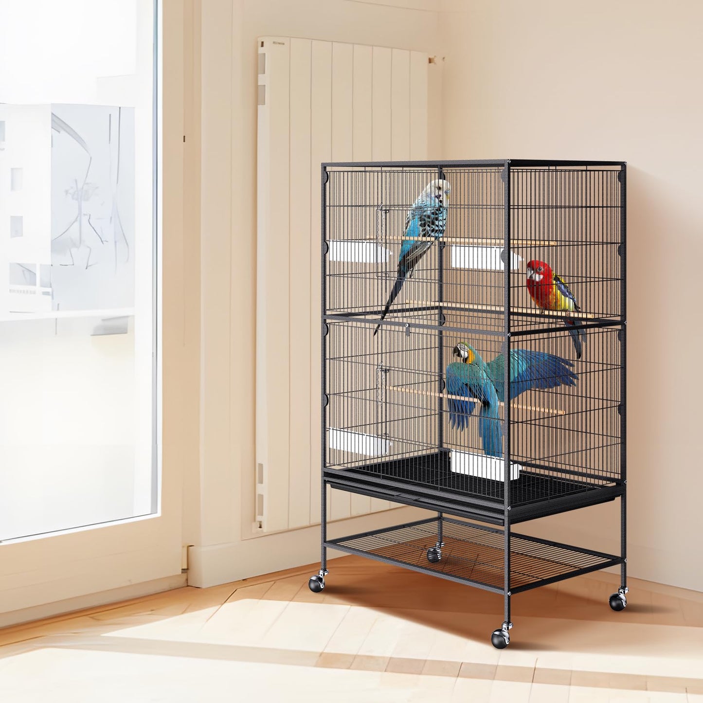 VEVOR Bird Cage, 24.6 x 16.7 x 53.9 inch, Flat Top, Wrought Iron Bird Flight Cage with Perches, Slide-Out Tray and Plastic Feeders, Casters, for Parrot, Blue Tit, Cockatiel, Canary, Budgerigar, Conure