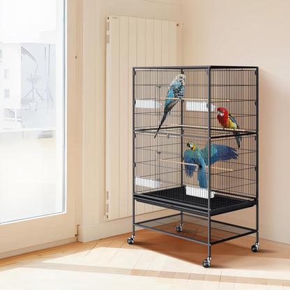 VEVOR Bird Cage, 24.6 x 16.7 x 53.9 inch, Flat Top, Wrought Iron Bird Flight Cage with Perches, Slide-Out Tray and Plastic Feeders, Casters, for Parrot, Blue Tit, Cockatiel, Canary, Budgerigar, Conure