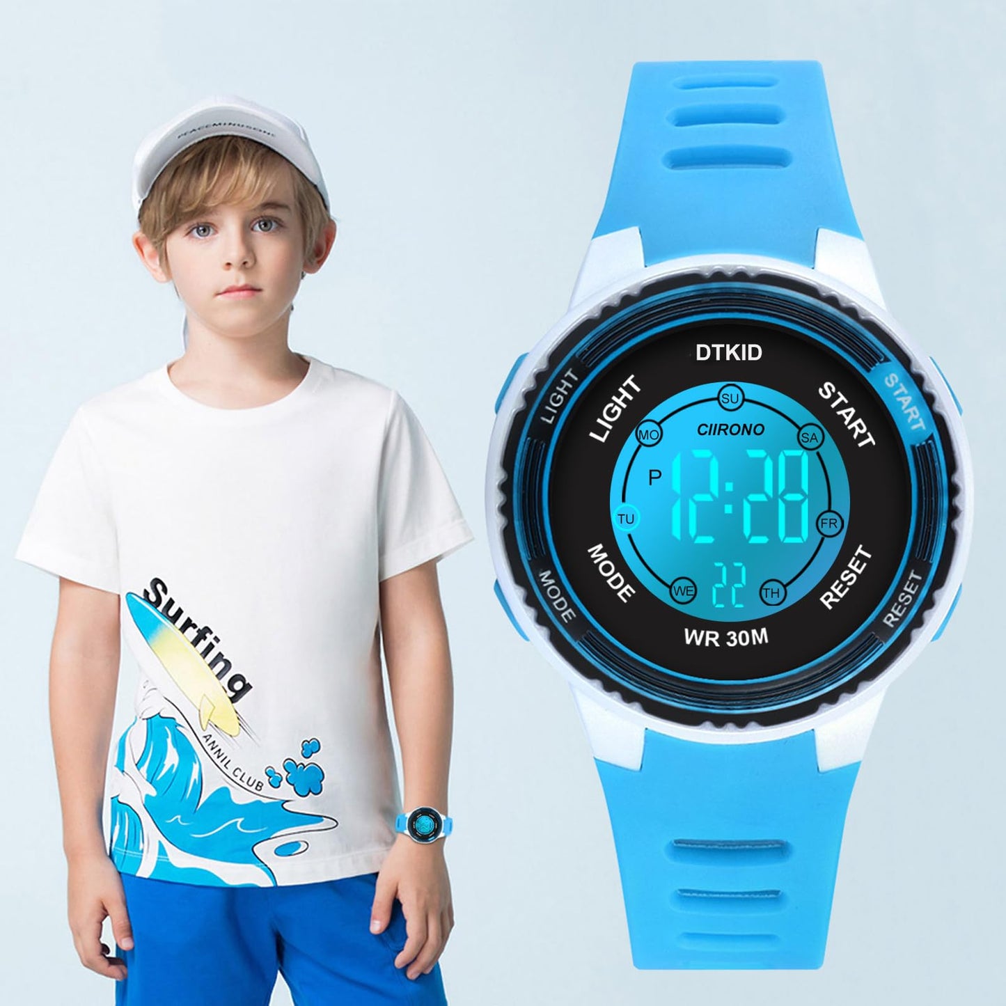 DTKID Digital Kids Watch 30 M Waterproof, 7 Color Lights Time Teaching Watch Easy to Read for Girls Boys 5-16