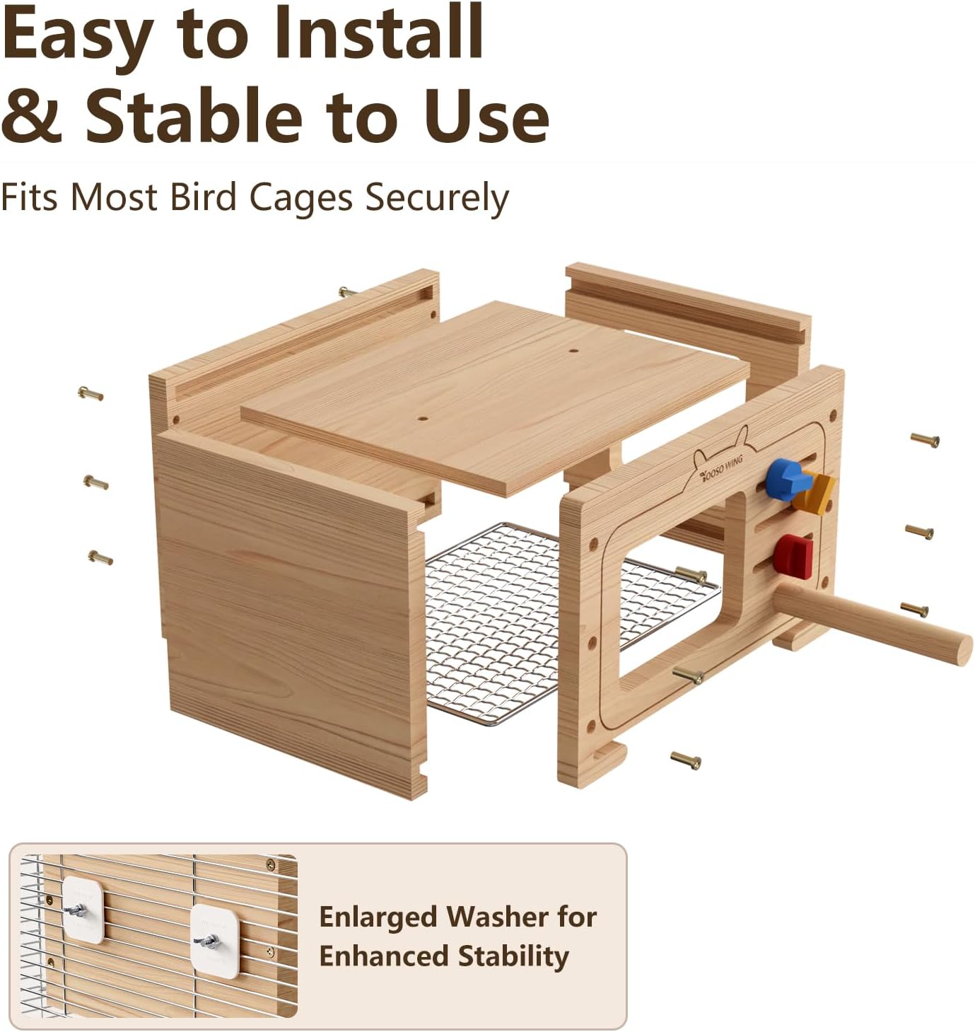 Solid Wood Parrot Hideaway, with Pull-Out Stainless Steel Grate | Glue-Free Retro TV-Shaped Bird House for Beak Play Cage Accessory for Small to Medium Parrots, Chew Toy & Resting House