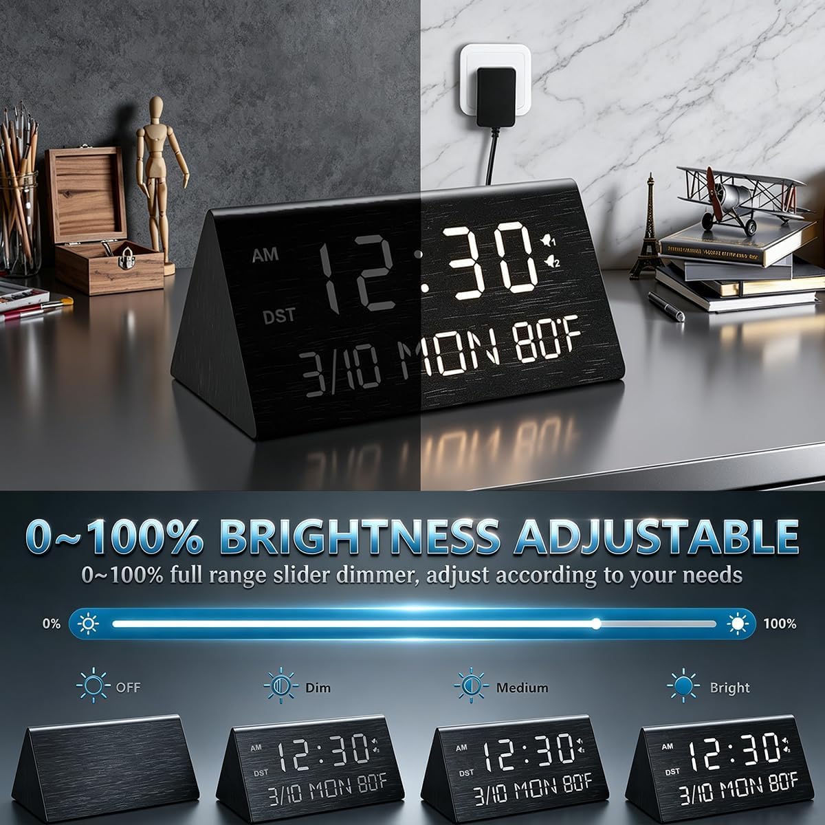 Kogonee Wooden Digital Alarm Clock, 0-100% Dimmer, 2 Alarm Settings, Weekday/Everyday Mode, 9 Mins Snooze, 12/24H, Temperature and Date Display for Office, Travel, Bedroom Alarm Clock (Brown)