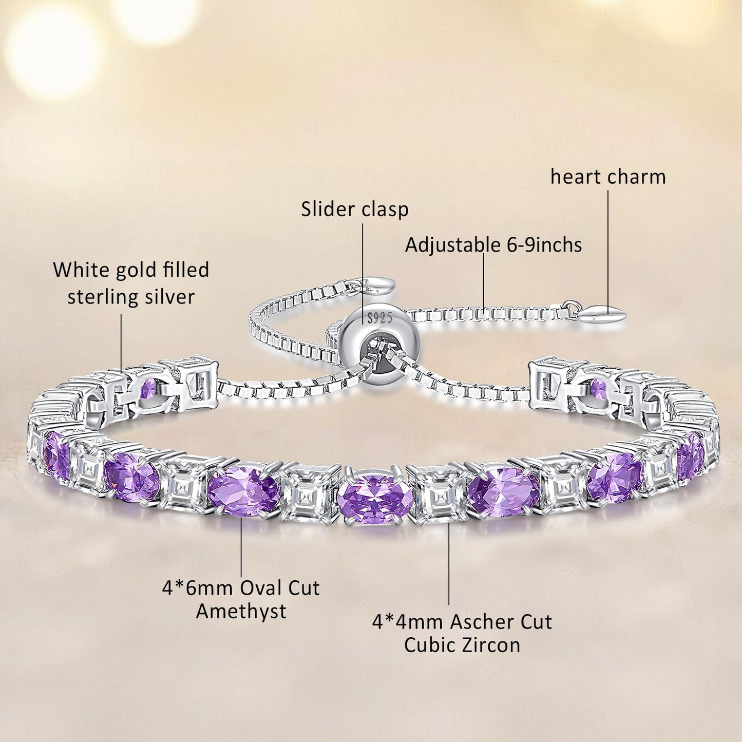 Sterling Silver Birthstone Bracelets for Women White Gold Tennis Bracelets Adjustable Chain 6-9 Inchs Jewelry Hypoallergenic Anniversary Birthday Gifts for Women Mom Wife Her
