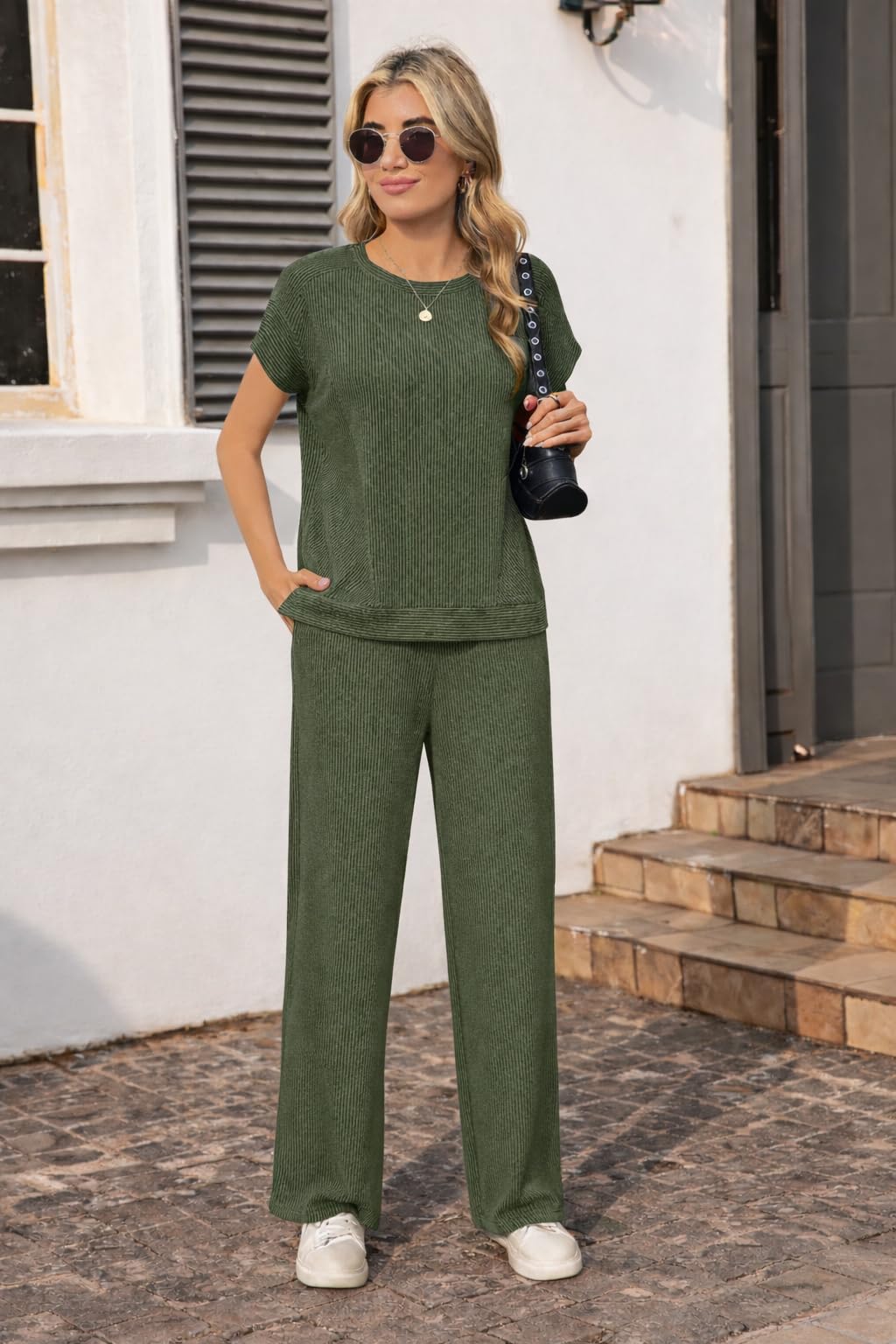 Ekouaer Two Piece Sets for Women 2026 Travel Outfits Short Sleeve Top Wide Leg Pants Rib Tracksuits Summer Fashion Lounge Set