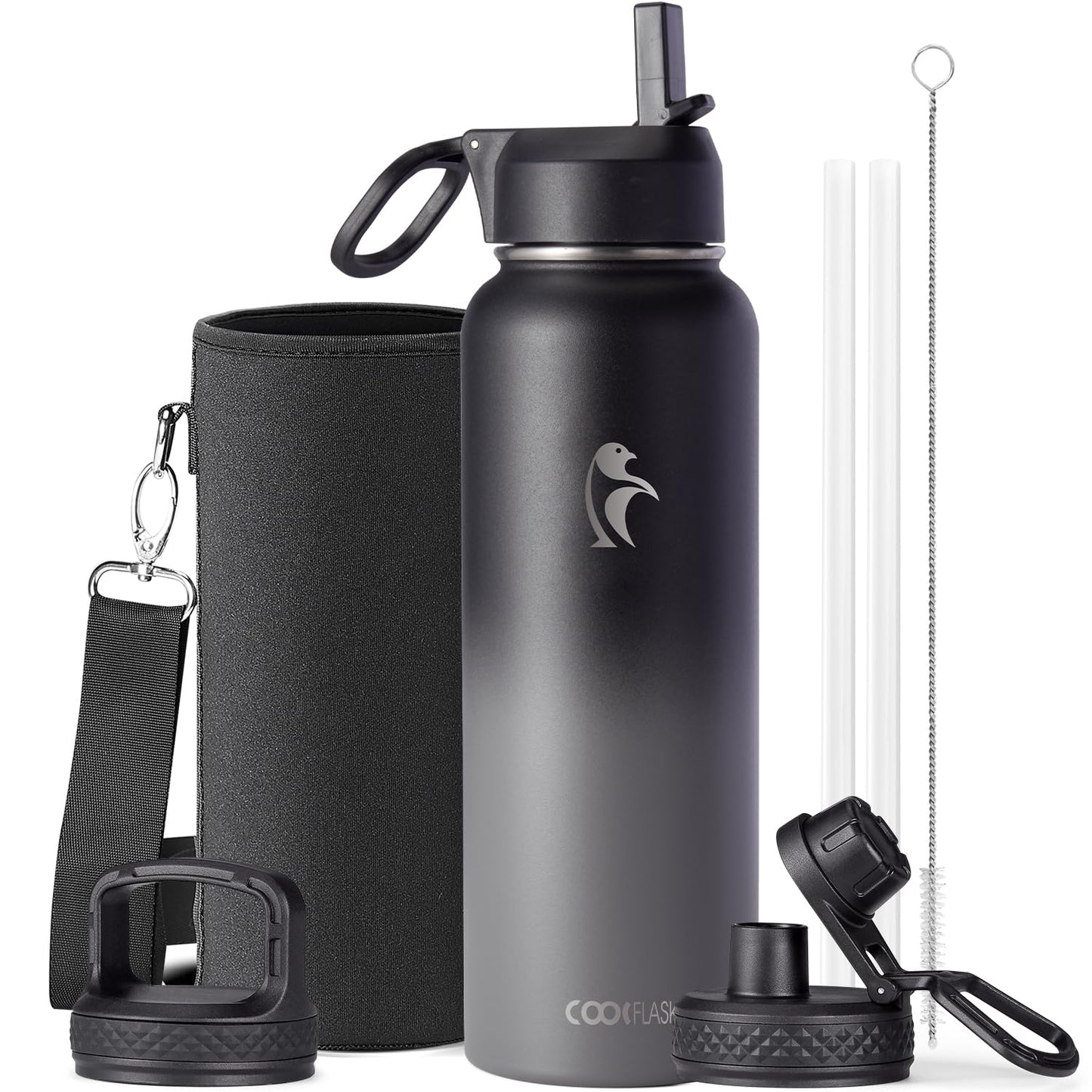 Half Gallon Water Bottle Insulated with Straw & 3 Lids, Coolflask 64 oz Water Jug Large Metal Stainless Steel Wide Mouth for Sports, Gym or Office, Non-BPA Keep Cold 48H Hot 24H, Samurai Cyan
