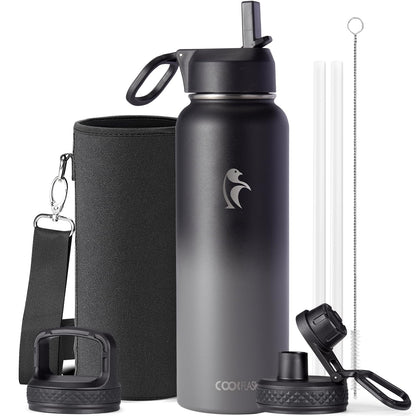 Half Gallon Water Bottle Insulated with Straw & 3 Lids, Coolflask 64 oz Water Jug Large Metal Stainless Steel Wide Mouth for Sports, Gym or Office, Non-BPA Keep Cold 48H Hot 24H, Samurai Cyan