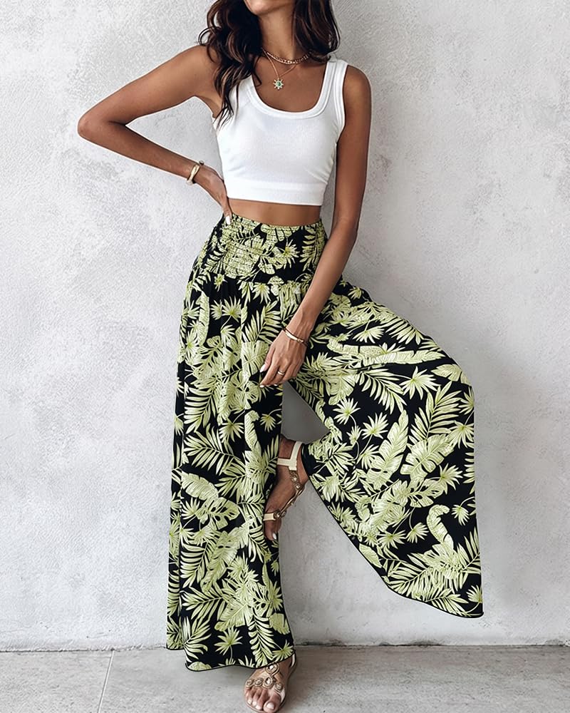 CHICME Boho Floral Shirred High Waisted Wide Leg Pants Flowy Palazzo Pants Summer Beach Vacation Wear