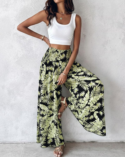 CHICME Boho Floral Shirred High Waisted Wide Leg Pants Flowy Palazzo Pants Summer Beach Vacation Wear
