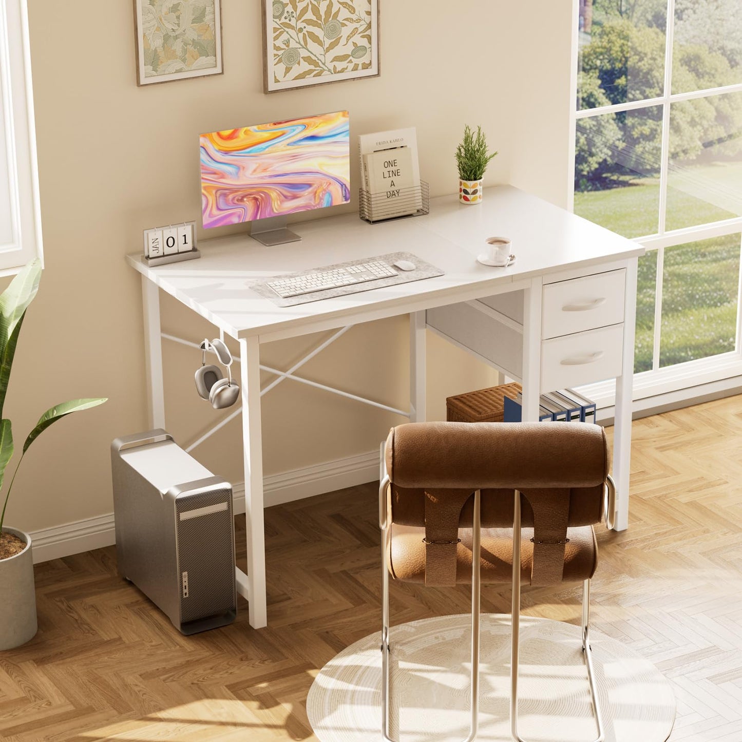 Sweetcrispy 47 Inch Computer Desk with Drawers for Home Office Writing Desk X Shaped Reinforcement Wood Surface Adjustable Position Modern Study Work Side Hook Metal Frame Storage Station Rust