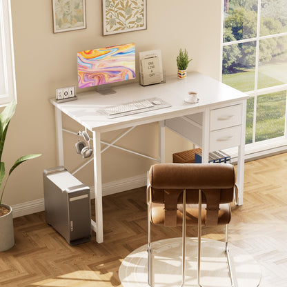 Sweetcrispy 47 Inch Computer Desk with Drawers for Home Office Writing Desk X Shaped Reinforcement Wood Surface Adjustable Position Modern Study Work Side Hook Metal Frame Storage Station Rust