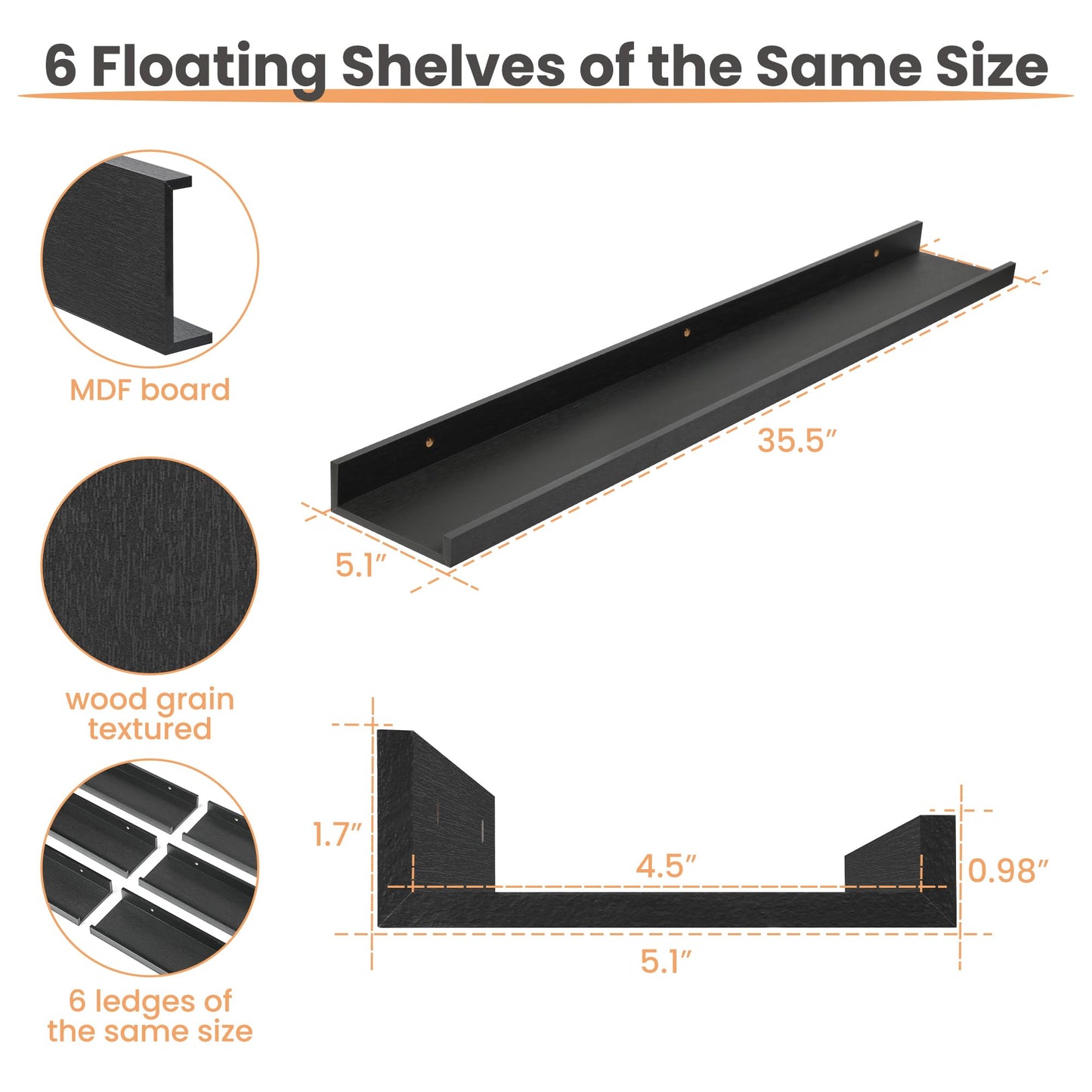 upsimples Floating Shelves for Wall, Wall Shelves for Decor Storage Set of 6, Wall Mounted Wood Shelf for Bedroom, Living Room, Bathroom, Kitchen, Picture Ledge Shelf, Black