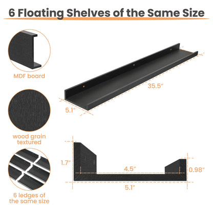 upsimples Floating Shelves for Wall, Wall Shelves for Decor Storage Set of 6, Wall Mounted Wood Shelf for Bedroom, Living Room, Bathroom, Kitchen, Picture Ledge Shelf, Black