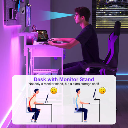 X-cosrack 33.5" Small Gaming Desk with LED Lights & Power Outlets, Compact Computer Desk with Monitor Stand & CPU Stand, Gamer Table with Storage Drawer, Side Hooks for Home Office, Bedroom, Black