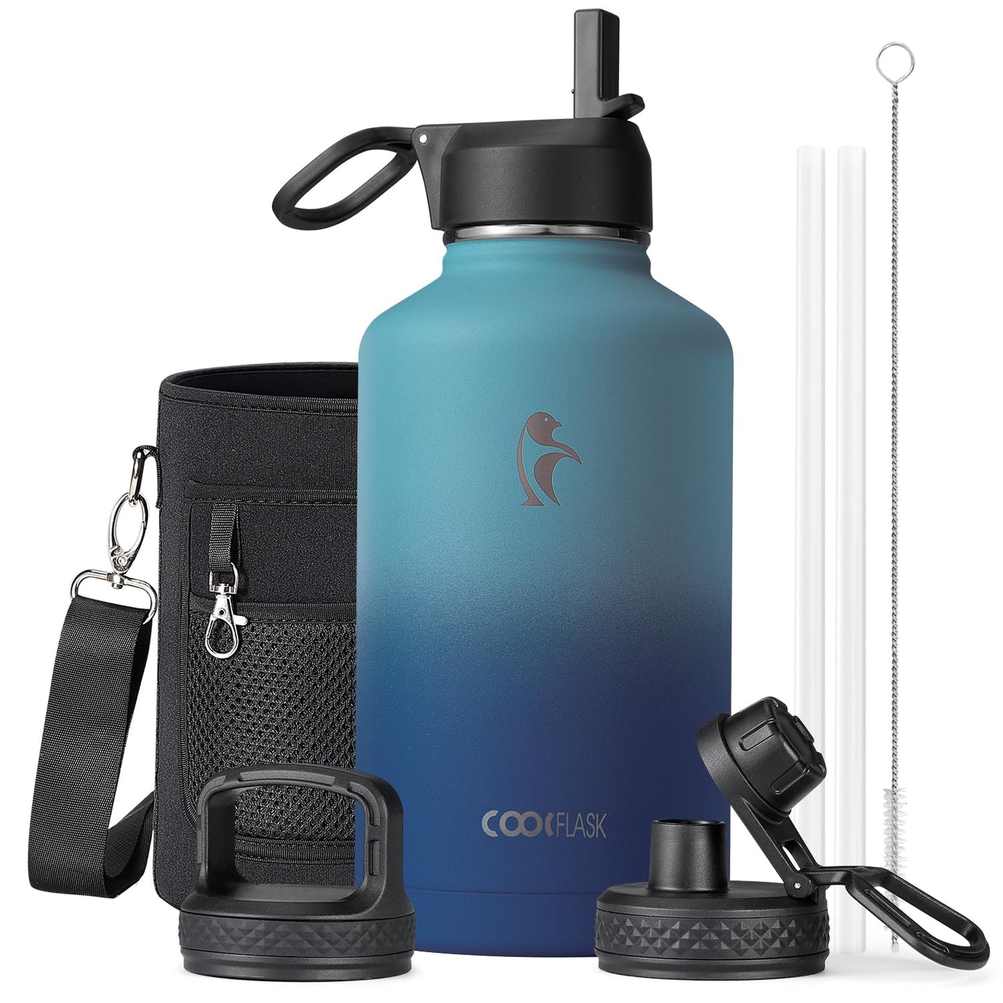 Half Gallon Water Bottle Insulated with Straw & 3 Lids, Coolflask 64 oz Water Jug Large Metal Stainless Steel Wide Mouth for Sports, Gym or Office, Non-BPA Keep Cold 48H Hot 24H, Samurai Cyan