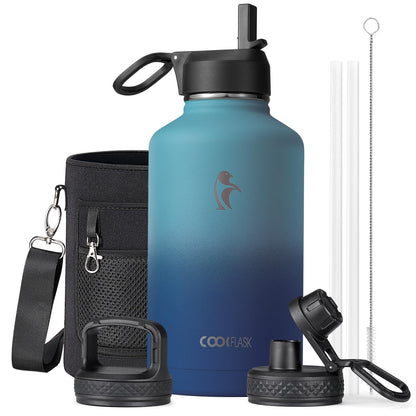 Half Gallon Water Bottle Insulated with Straw & 3 Lids, Coolflask 64 oz Water Jug Large Metal Stainless Steel Wide Mouth for Sports, Gym or Office, Non-BPA Keep Cold 48H Hot 24H, Samurai Cyan